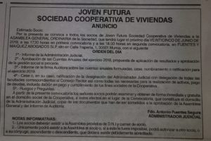 Convocatoria Asamblea Cooperativa Joven Futura 2019 aparecida en La Opinión de Murcia el 8/6/19.