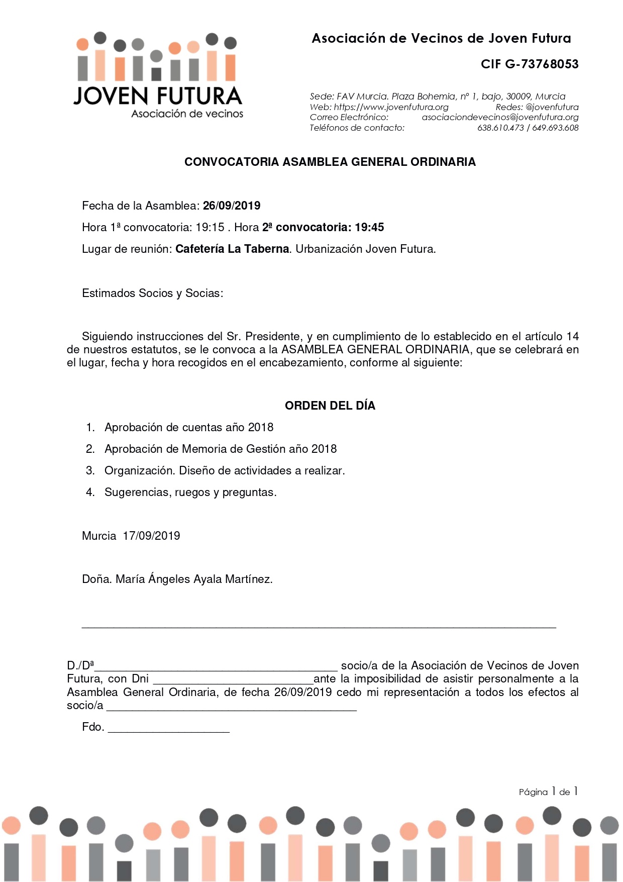 26-09-2019 CONVOCATORIA ASAMBLEA GENERAL ORDINARIA ASOCIACIÓN DE VECINOS DE JOVEN FUTURA