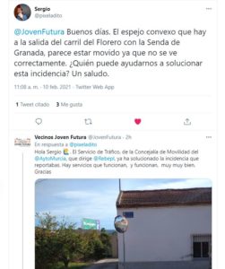 2021-02-11 Arreglo espejo en Senda de Granada gracias al aviso de un tuitero Joven Futura