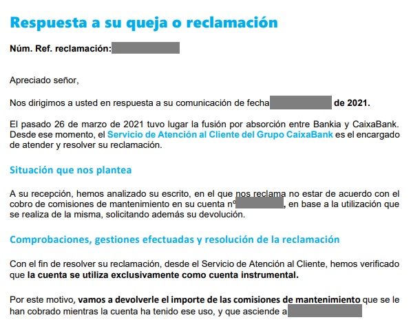 2021-11-22 Respuesta a queja sobre comisiones ilegales Bankia - CaixaBank en Joven Futura