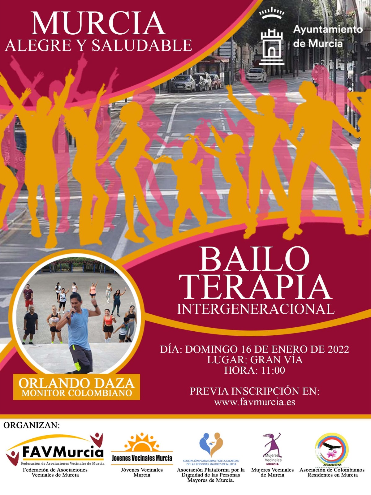 2022-01-16 Cartel Bailoterapia intergeneracional en Gran Via Murcia gracias a FAVMurcia